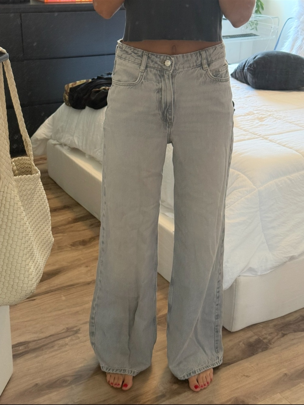 Zara Wide Leg High-Rise Jeans - Light Gray
